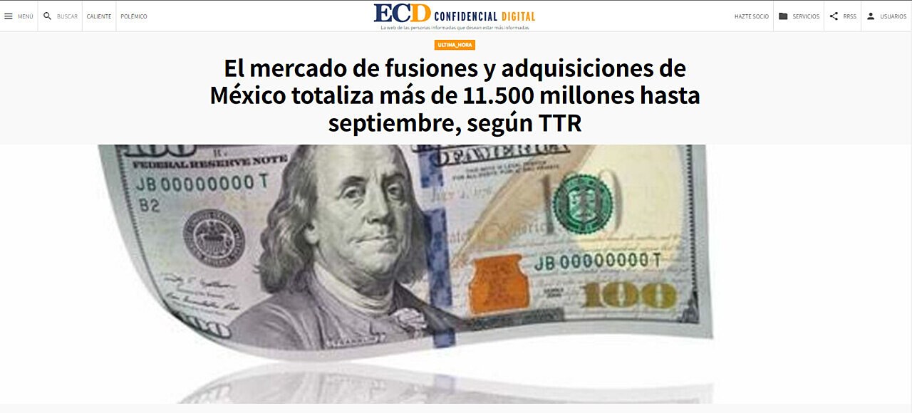 El mercado de fusiones y adquisiciones de Mxico totaliza ms de 11.500 millones hasta septiembre, segn TTR